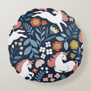 Cute Unicorns Floral Vintage Pattern Round Pillow