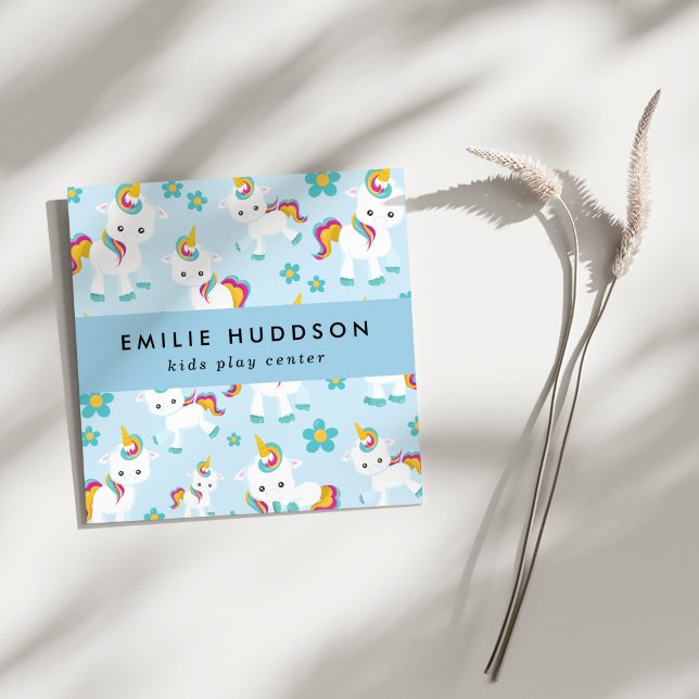 Cute Unicorns, Kids Play Center, Activity Center Square Business Card (Creator Uploaded)