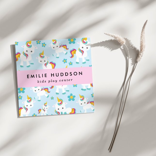 Cute Unicorns, Kids Play Center, Activity Center Square Business Card (Creator Uploaded)