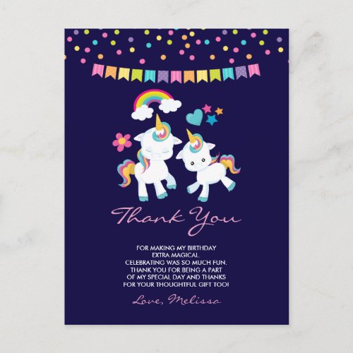 Cute Unicorns Magical Rainbow  Stars Thank You Postcard