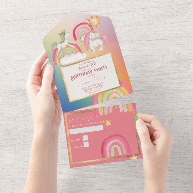 Cute Unicorns on a Rainbow All In One Invitation (Tearaway)