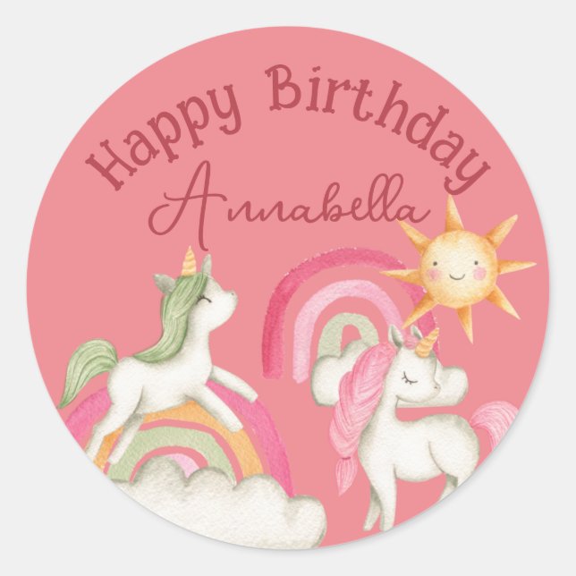 Cute Unicorns on Pink Classic Round Sticker (Front)