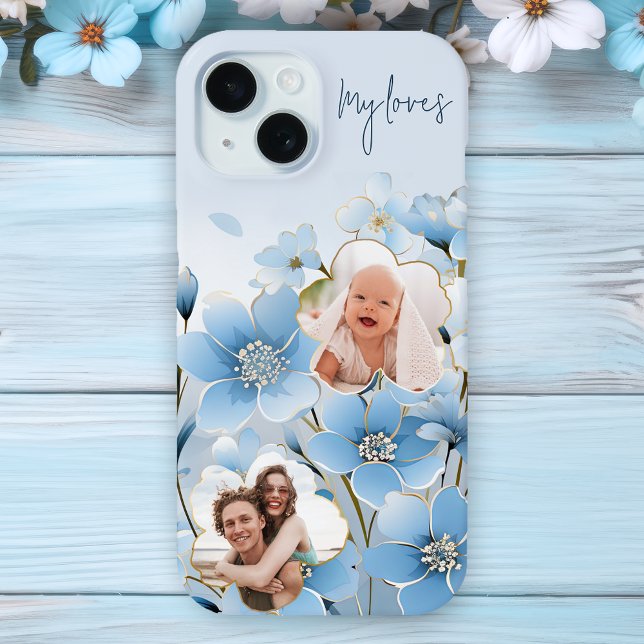 Cute Unique Blue 2-Photos in Flower Shapes Case-Mate iPhone Case (Creator Uploaded)