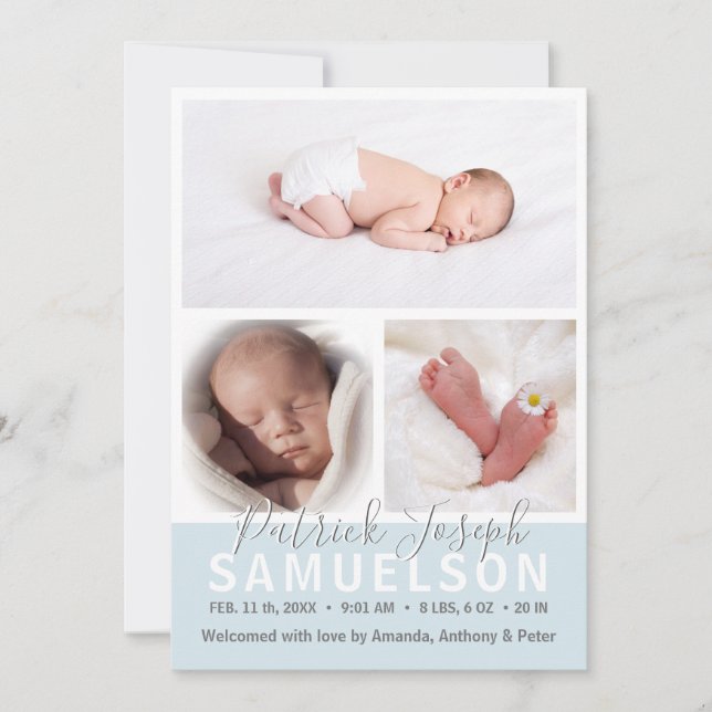 Cute Unique New Baby Birth  BOY Collage | 3 PHOTOS Announcement (Front)
