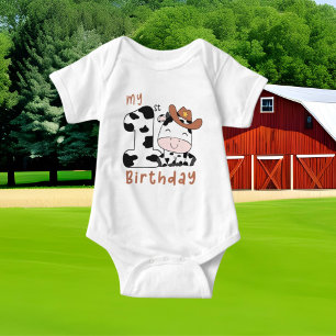 cute unisex baby first Birthday cow  Bodysuit
