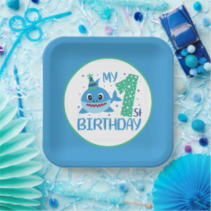cute unisex baby shark First Birthday Paper Plate