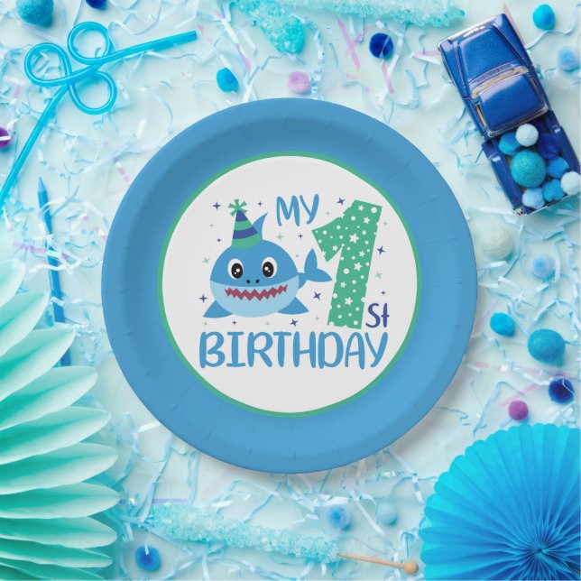 cute unisex baby shark First Birthday  Paper Plates (Party)