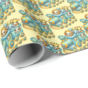 Cute unisex baby shower animal train wrapping paper