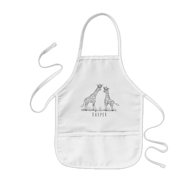 Cute Unisex Doodle Giraffes Safari with Name Kids' Apron (Front)