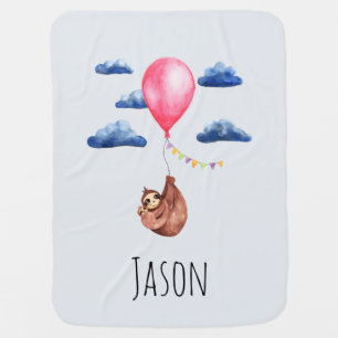 Cute Unisex Neutral Watercolor Sloth Animal & Name Baby Blanket
