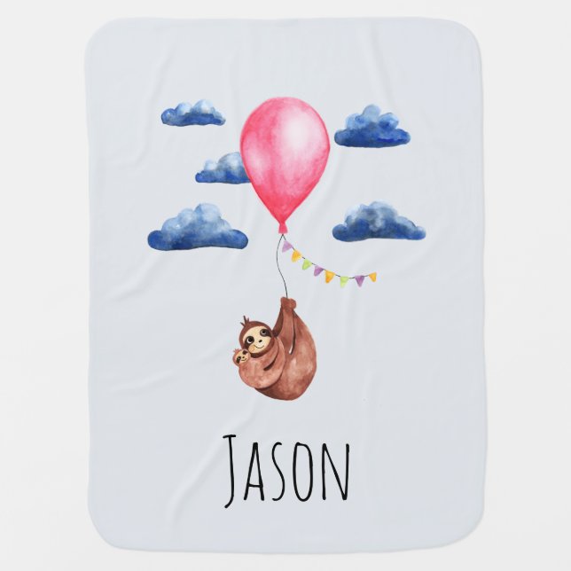 Cute Unisex Neutral Watercolor Sloth Animal & Name Baby Blanket (Front)