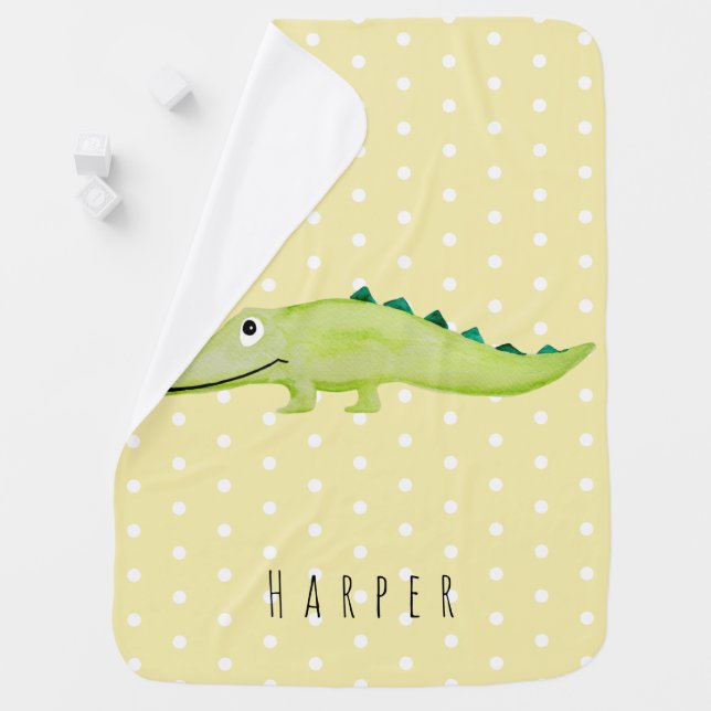 Cute Unisex Watercolor Crocodile Safari Dots Name Receiving Blanket (In Situ)
