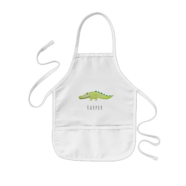 Cute Unisex Watercolor Crocodile Safari with Name Kids' Apron (Front)