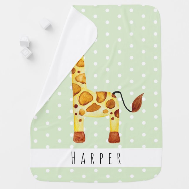Cute Unisex Watercolor Giraffe Safari Dots & Name Receiving Blanket (In Situ)