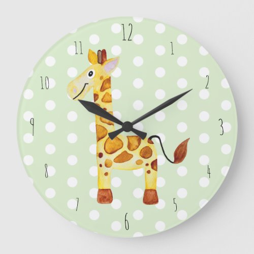 Cute Unisex Watercolor Giraffe Safari Dots Nursery Large Clock