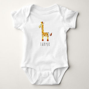 Cute Unisex Watercolor Giraffe Safari with Name Baby Bodysuit