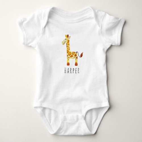 Cute Unisex Watercolor Giraffe Safari with Name Baby Bodysuit