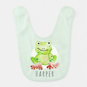 Cute Unisex Watercolor Jungle Green Frog with Name Baby Bib