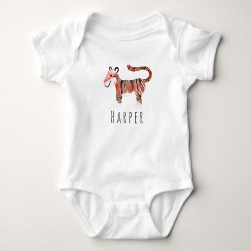 Cute Unisex Watercolor Jungle Tiger with Name Baby Bodysuit