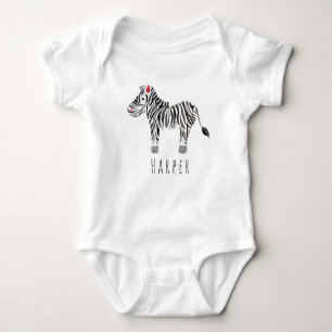 Cute Unisex Watercolor Zebra Safari with Name Baby Bodysuit