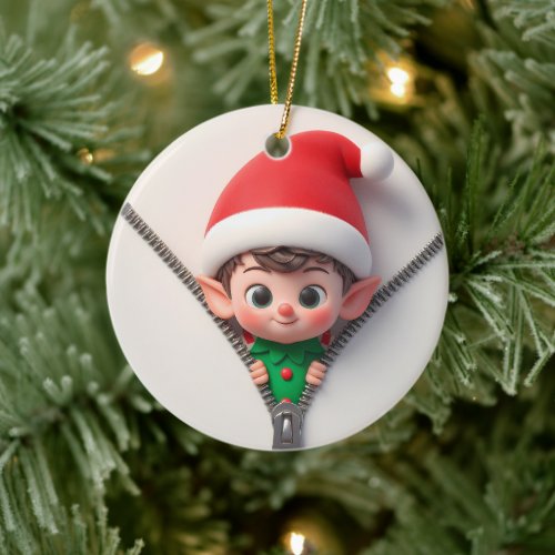 Cute Unzipped Elf Christmas Ceramic Ornament