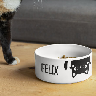 Cute Upsidedown Black Cat Kitty with Name Bowl