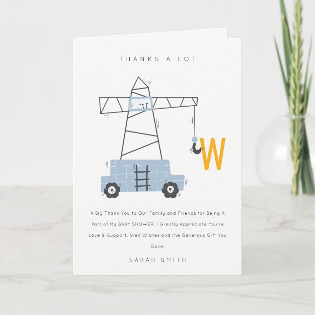 Cute Urban Construction Crane Boy's Baby Shower Thank You Card (Front)