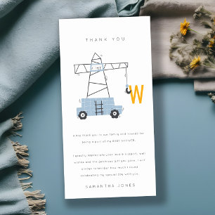 Cute Urban Construction Crane Boy's Baby Shower Thank You Card