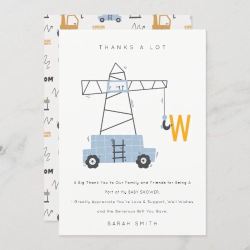 Cute Urban Construction Crane Boys Baby Shower Thank You Card