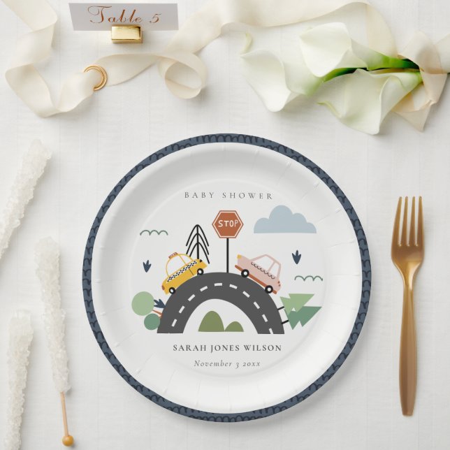 Cute Urban Vehicle Cars Road Cityscape Baby Shower Paper Plates (Wedding)