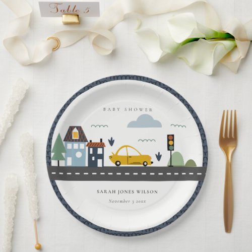 Cute Urban Vehicle Cars Road Cityscape Baby Shower Paper Plates