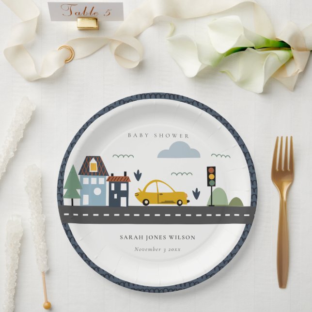 Cute Urban Vehicle Cars Road Cityscape Baby Shower Paper Plates (Wedding)