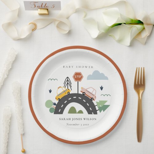 Cute Urban Vehicle Cars Road Cityscape Baby Shower Paper Plates