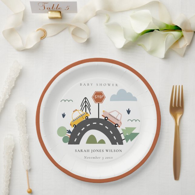 Cute Urban Vehicle Cars Road Cityscape Baby Shower Paper Plates (Wedding)