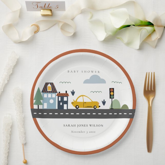 Cute Urban Vehicle Cars Road Cityscape Baby Shower Paper Plates (Wedding)