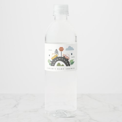 Cute Urban Vehicle Cityscape Cars Road Baby Shower Water Bottle Label