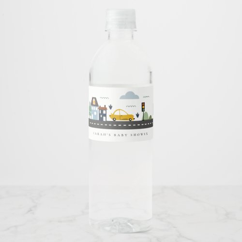 Cute Urban Vehicle Cityscape Cars Road Baby Shower Water Bottle Label