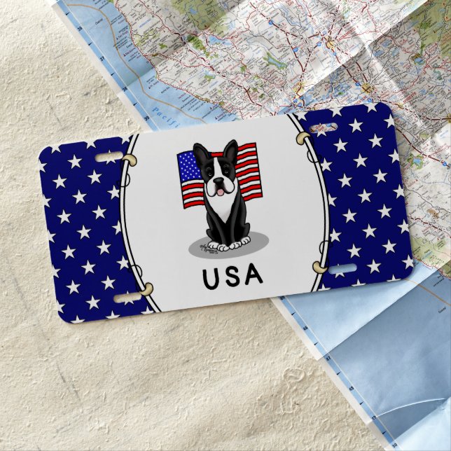 Cute USA American Flag Boston Terrier - (black) License Plate (In Situ)