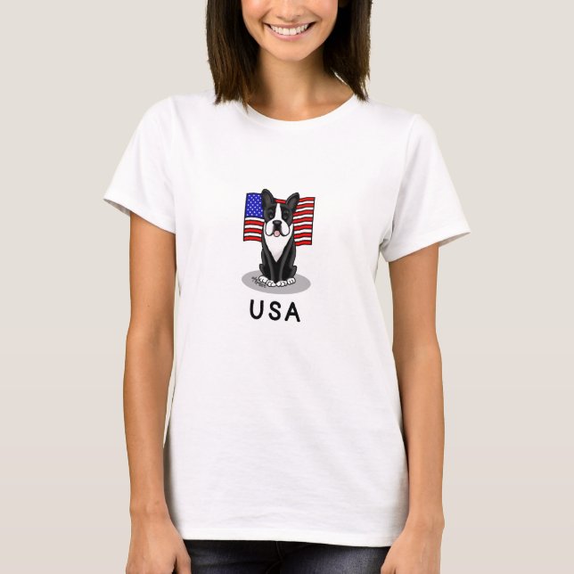 Cute USA American Flag Boston Terrier - (black) T-Shirt (Front)