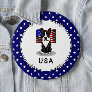 Cute USA American Flag Boston Terrier Dog (black) Button