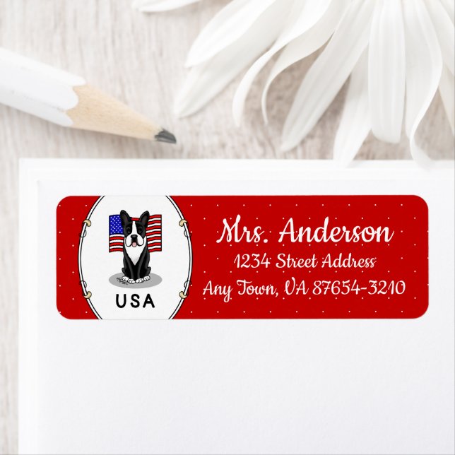 Cute USA American Flag Boston Terrier Dog (black) Label (Insitu)