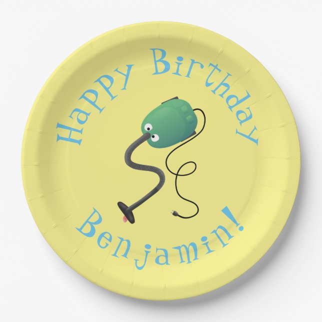 Cute vacuum cleaner cartoon humour paper plates (Front)