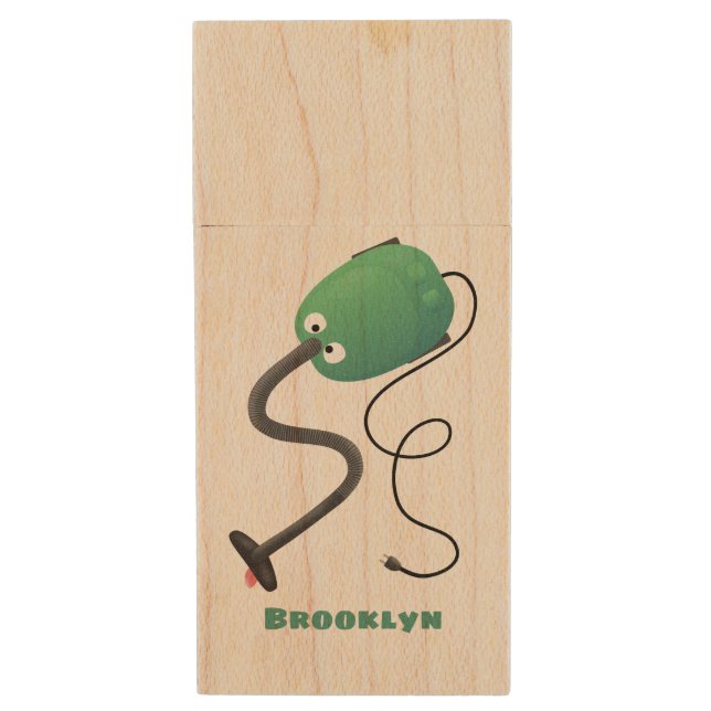 Cute vacuum cleaner cartoon humour wood flash drive (Front Vertical)