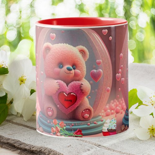 Cute Valentine Bear Heart Personalized  Two_Tone Coffee Mug
