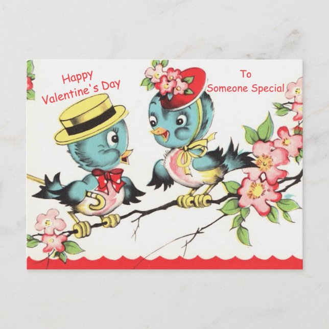 Cute Valentine Bluebiirds & Blossoms Vintage Copy Postcard (Front)