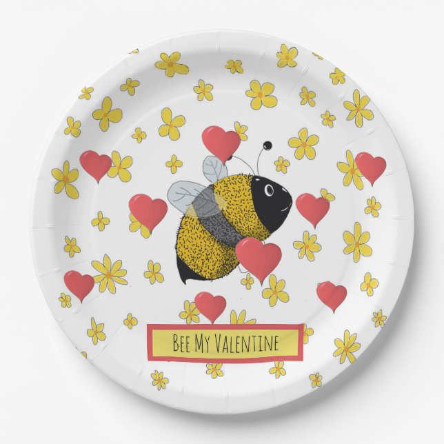 Cute Valentine Bumblebee Daisy Pink Heart Paper Plates (Front)