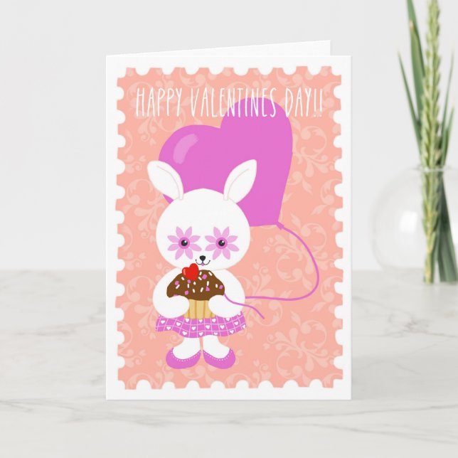 Cute Valentine Bunny with Cupcake Card (Front)