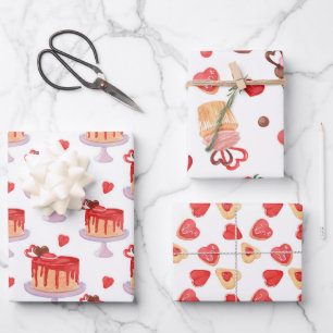 Cute Valentine Cake & Red Heart Cookies Wrapping Paper Sheets