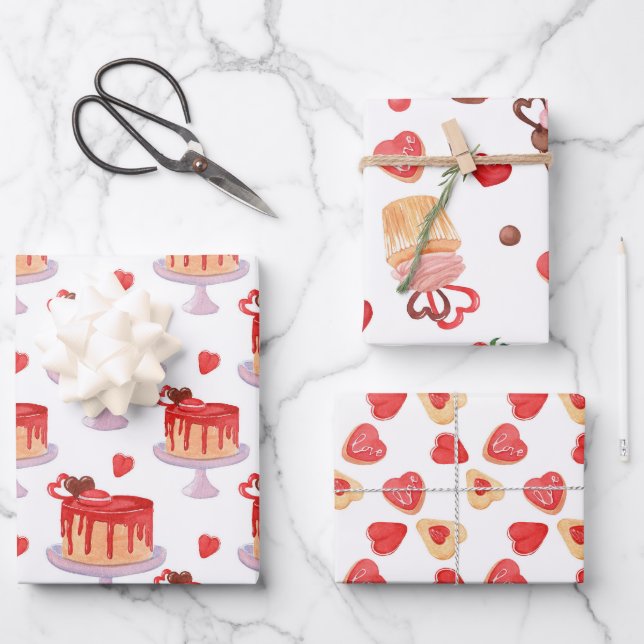 Cute Valentine Cake & Red Heart Cookies Wrapping Paper Sheets (Front)