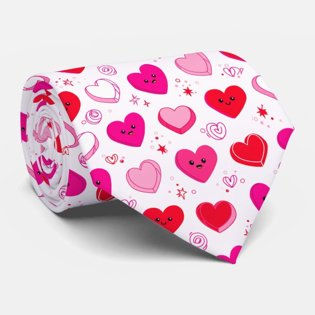 Cute Valentine Candy Hearts Seamless Pattern Fun Neck Tie (Rolled)